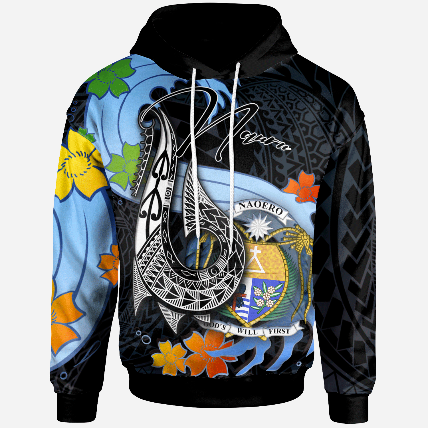 Nauru Hoodie Fish Hooks and Wave Unisex Black - Polynesian Pride