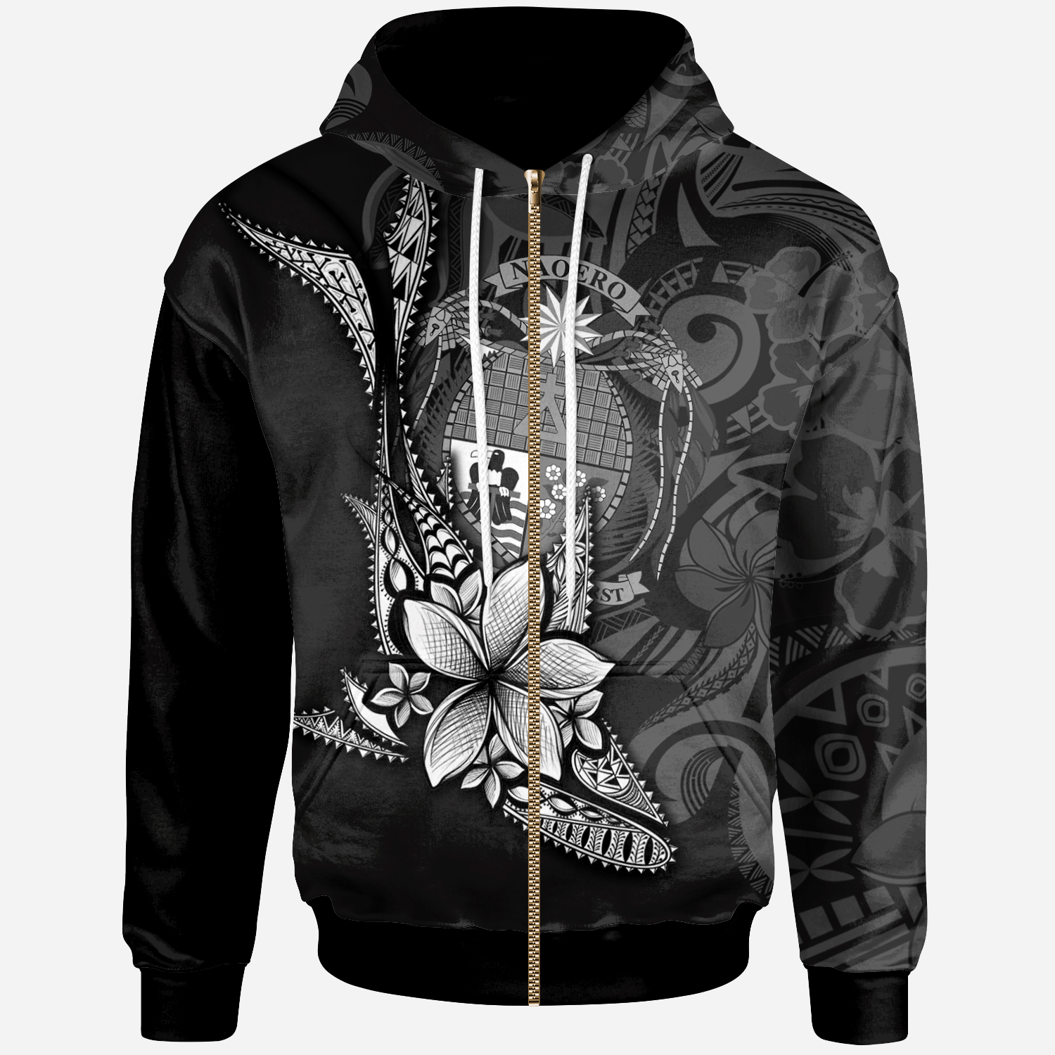 Nauru Zip Hoodie Fish With Plumeria Flowers Style Unisex Black - Polynesian Pride