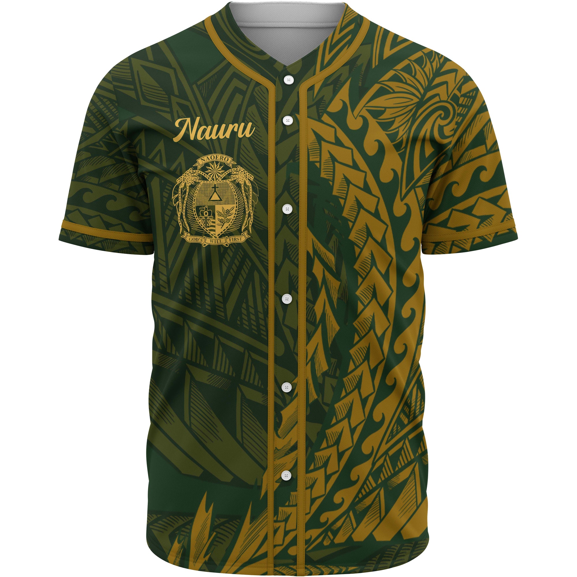 Nauru Baseball Shirt - Green Wings Style Unisex Gold - Polynesian Pride