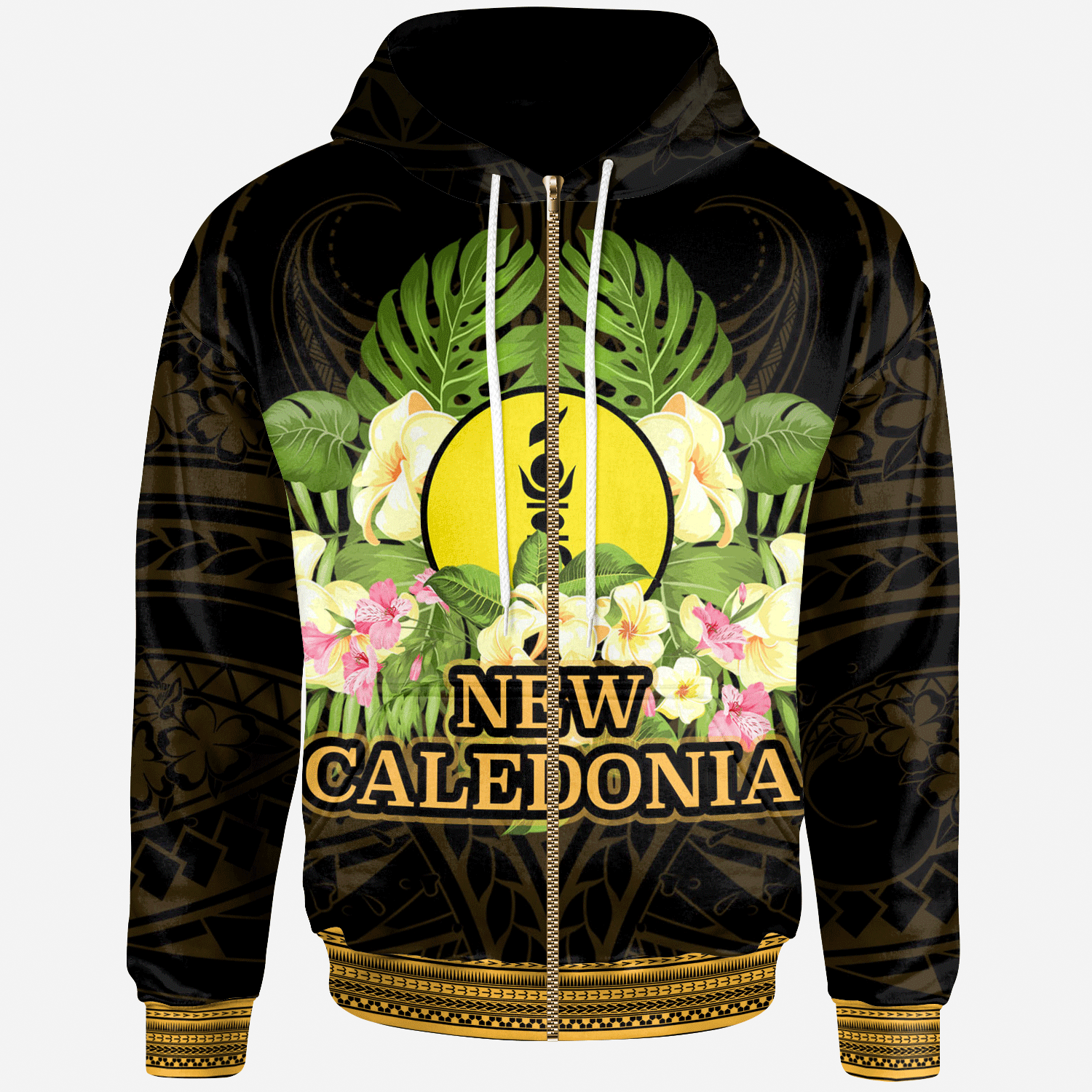 New Caledonia Zip Hoodie Polynesian Gold Patterns Collection Unisex Black - Polynesian Pride