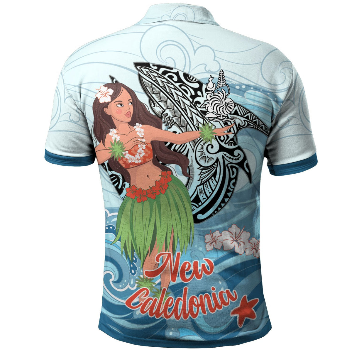 New Caledonia Polo Shirt Polynesian Girls With Shark - Polynesian Pride