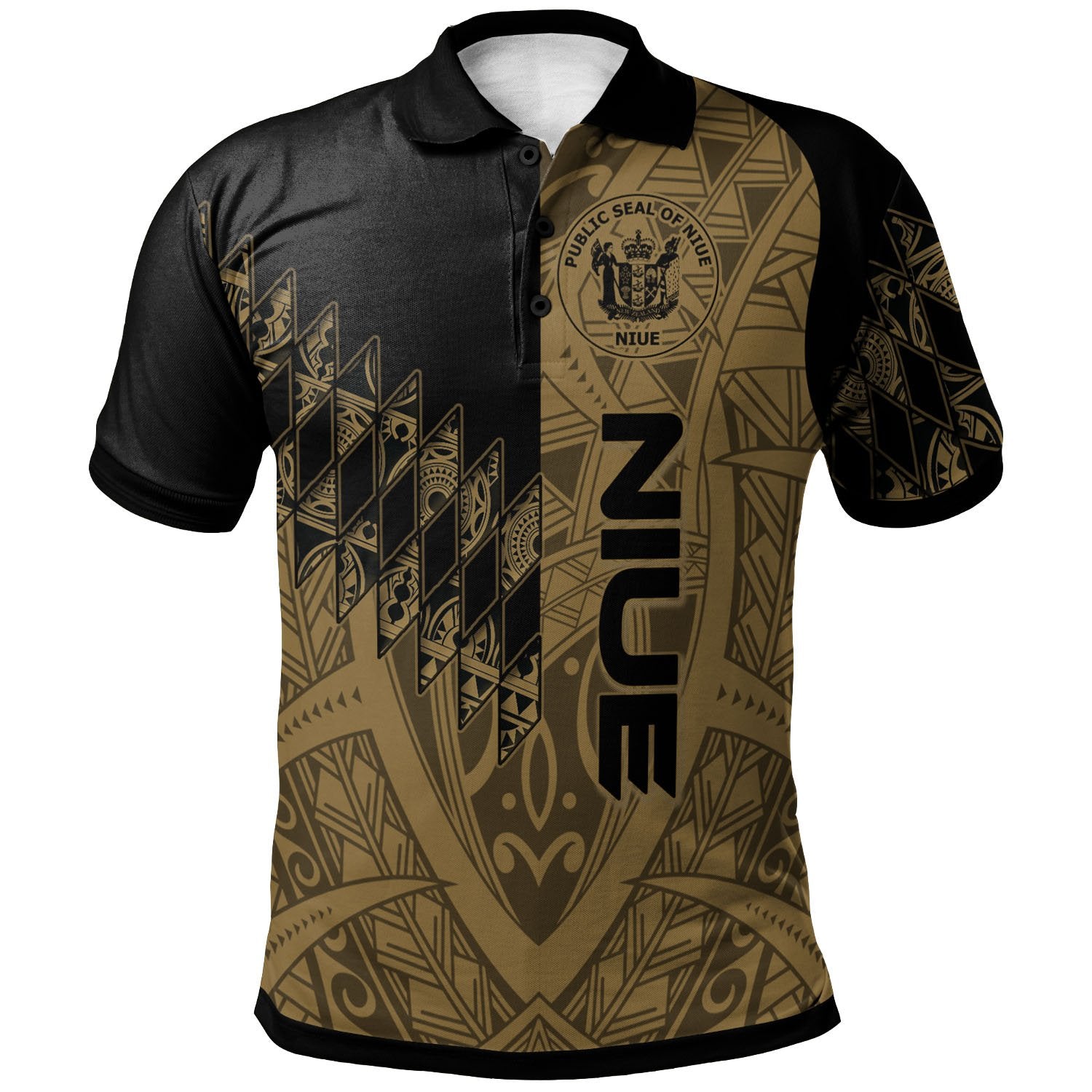 Niue Polo Shirt Gold Color Symmetry Style Unisex Black - Polynesian Pride