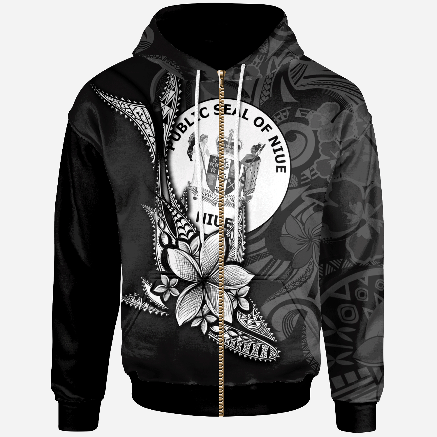 Niue Custom Zip Hoodie Fish With Plumeria Flowers Style Unisex Black - Polynesian Pride