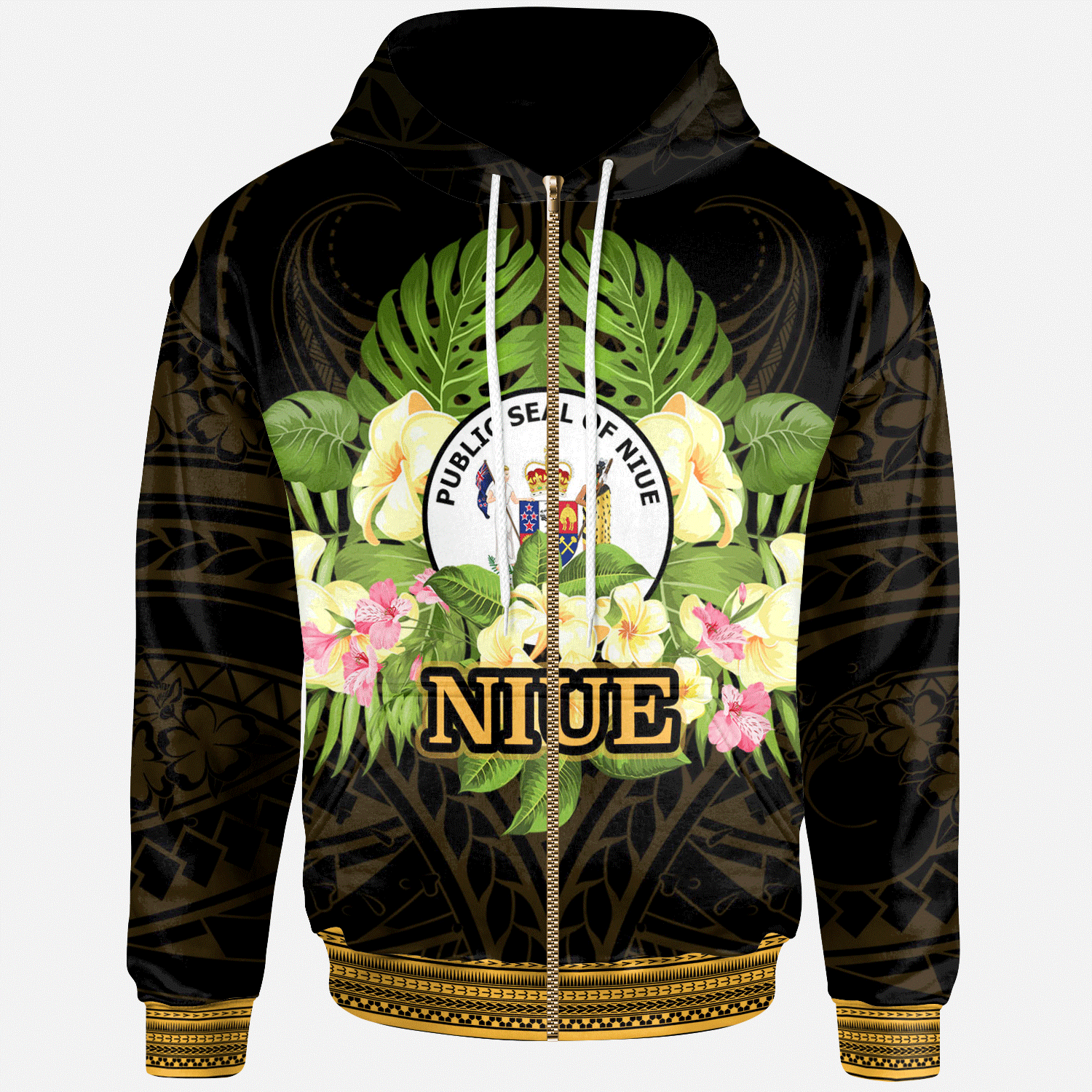 Niue Zip Hoodie Polynesian Gold Patterns Collection Unisex Black - Polynesian Pride