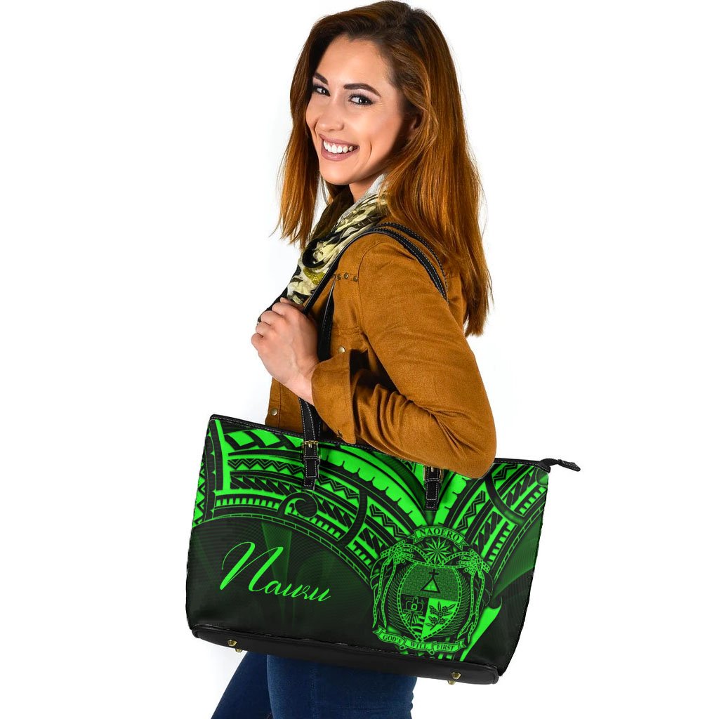 Nauru Leather Tote - Green Color Cross Style Black - Polynesian Pride