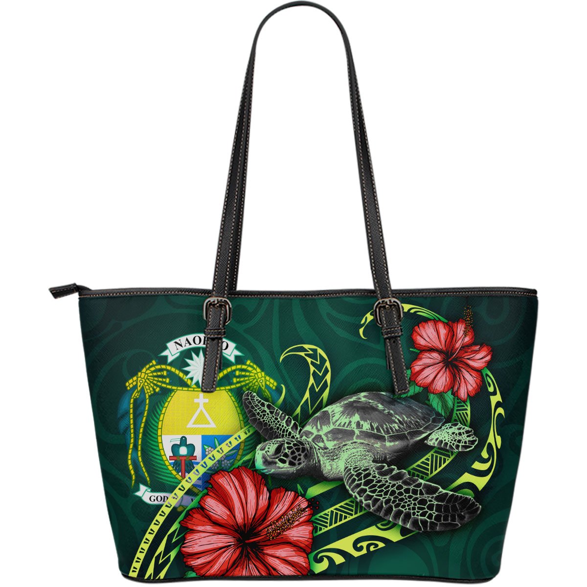 Nauru Polynesian Leather Tote Bag - Green Turtle Hibiscus Green - Polynesian Pride