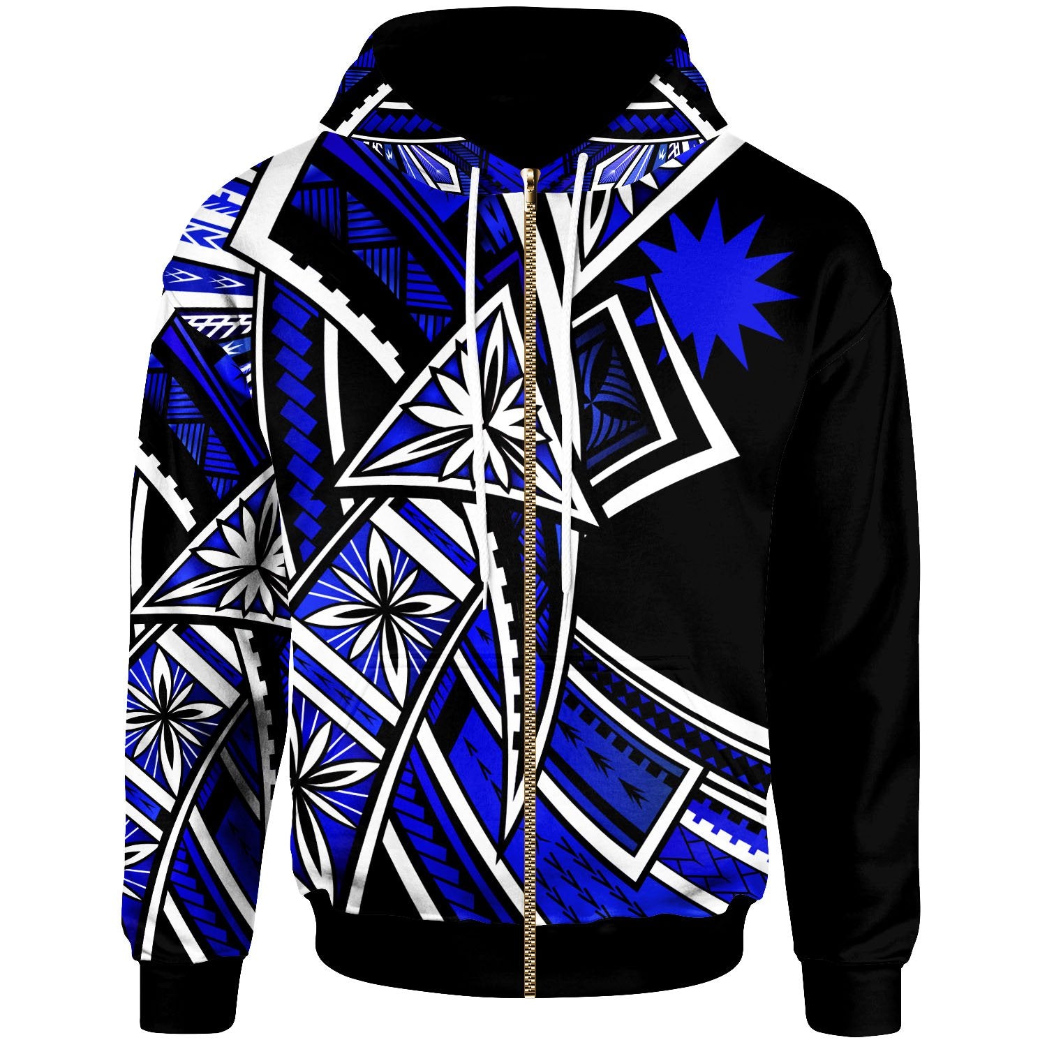 Nauru Zip Hoodie Tribal Flower Special Pattern Blue Color Unisex Blue - Polynesian Pride