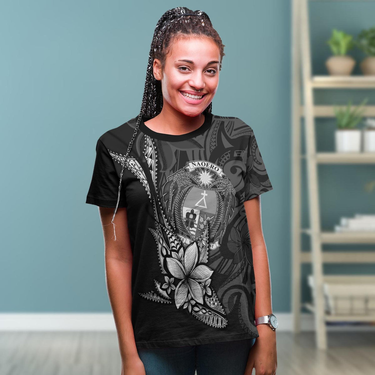 Nauru Custom T Shirt Fish With Plumeria Flowers Style - Polynesian Pride