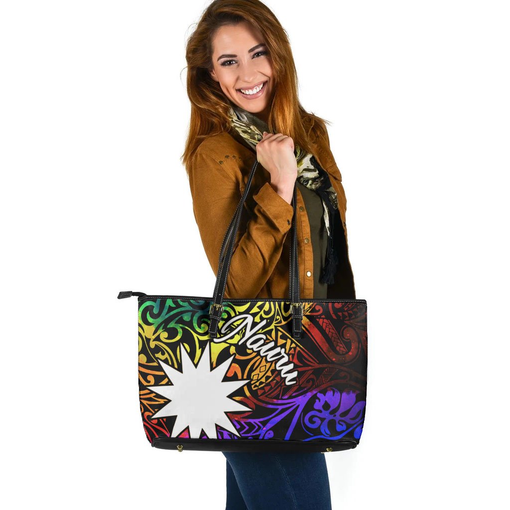 Nauru Large Leather Tote Bag - Rainbow Polynesian Pattern Rainbow - Polynesian Pride