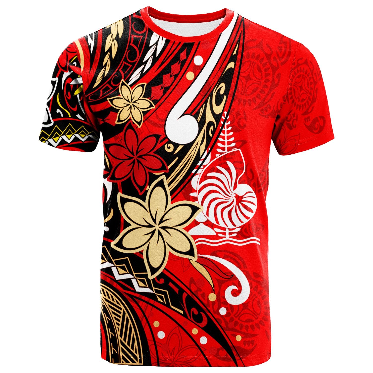 New Caledonia T Shirt Tribal Flower With Special Turtles Red Color Unisex Red - Polynesian Pride