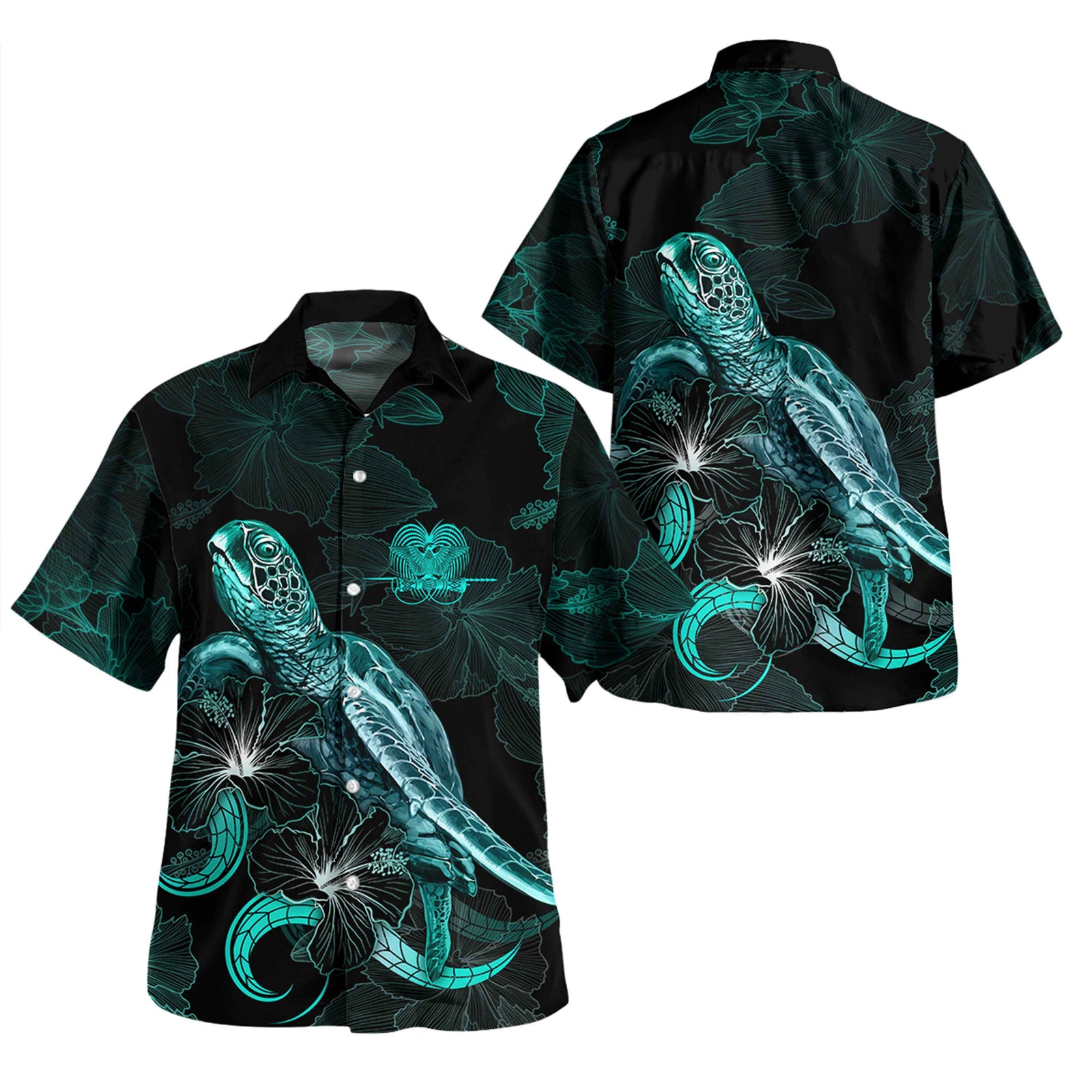 Papua New Guinea Short Sleeve Shirt - Custom PNG Coat Of Arms With Turtle Blooming Hibiscus Turquoise Unisex Turquoise - Polynesian Pride