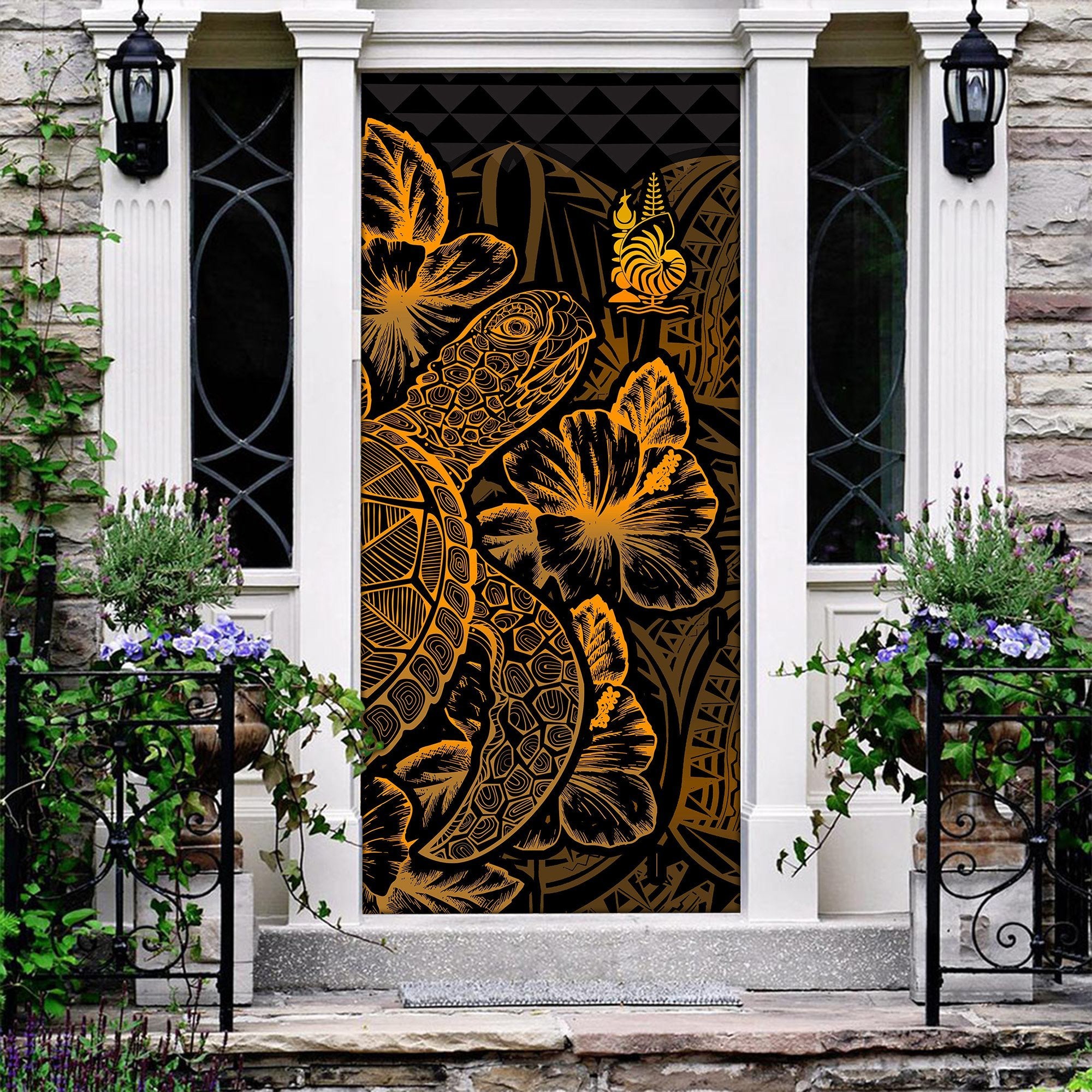 New Caledonia Door Cover Turtle Hibiscus Gold - Polynesian Pride