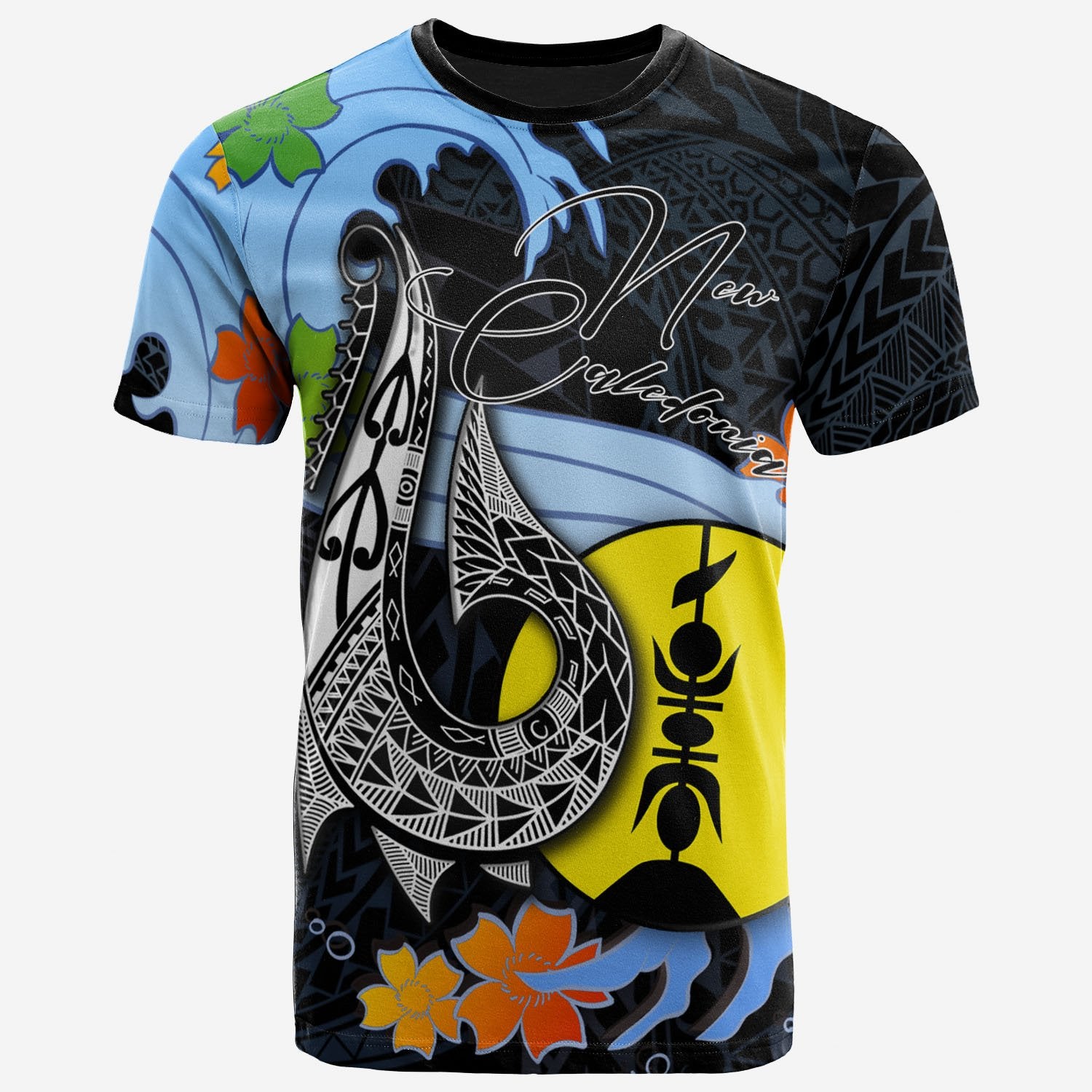 New Caledonia T Shirt Fish Hooks And Wave Unisex Black - Polynesian Pride