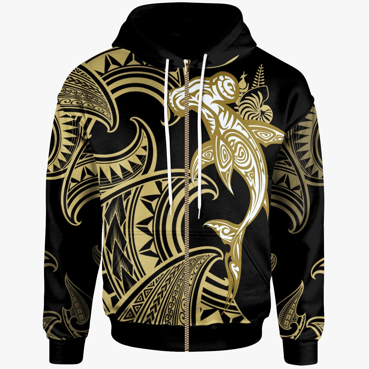 CNMI Zip up Hoodie Hammerhead Shark Tribal Pattern Unisex Gold - Polynesian Pride