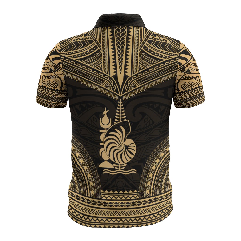 New Caledonia Polo Shirt Kanaky Coat Of Arms Polynesian Chief Tattoo Gold Version - Polynesian Pride