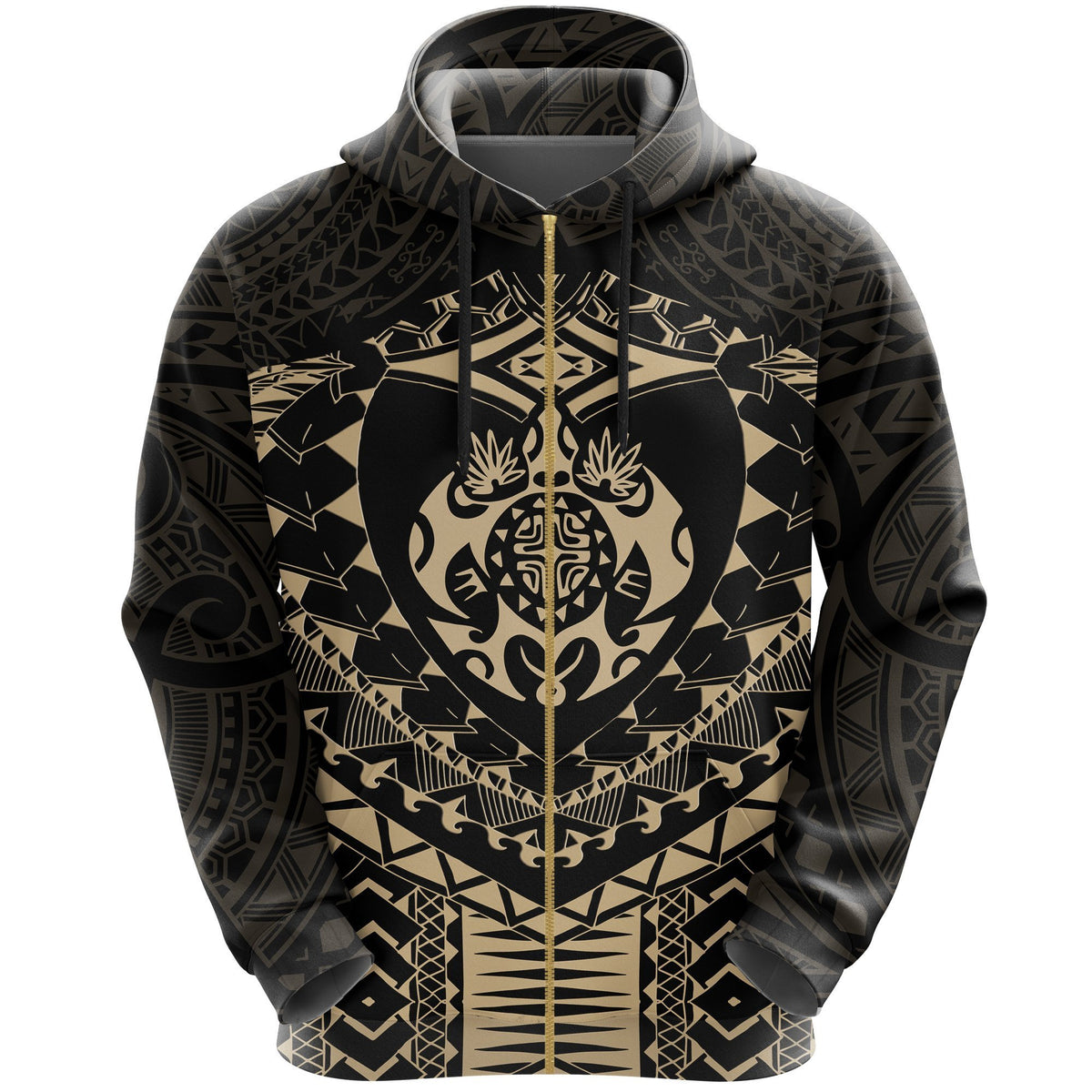 Maori Tattoo New Zealand Zip Hoodie Turtle Tattoo Unisex Black - Polynesian Pride