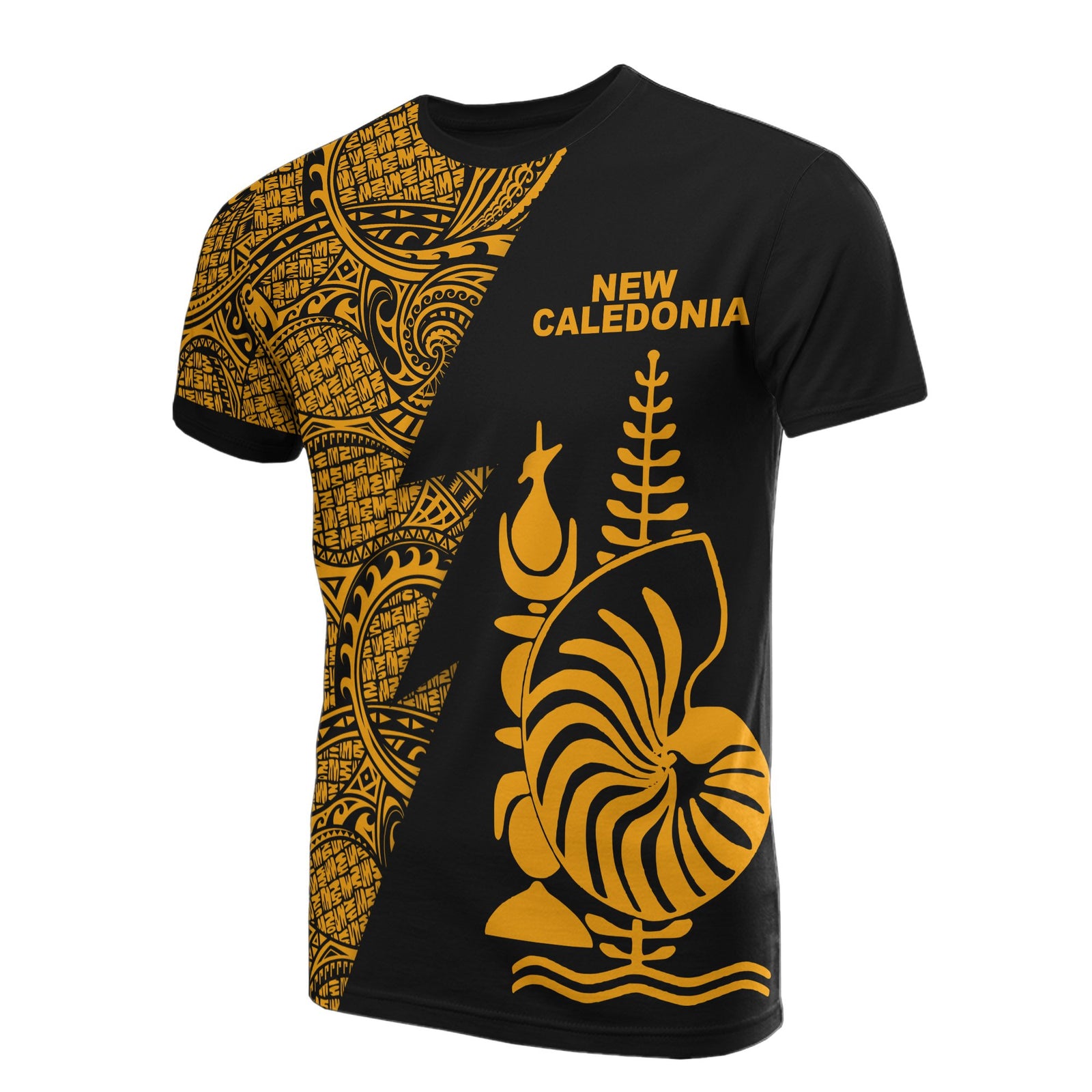 New Caledonia T Shirt Polynesian Pattern Gold Flash Style Unisex Gold - Polynesian Pride