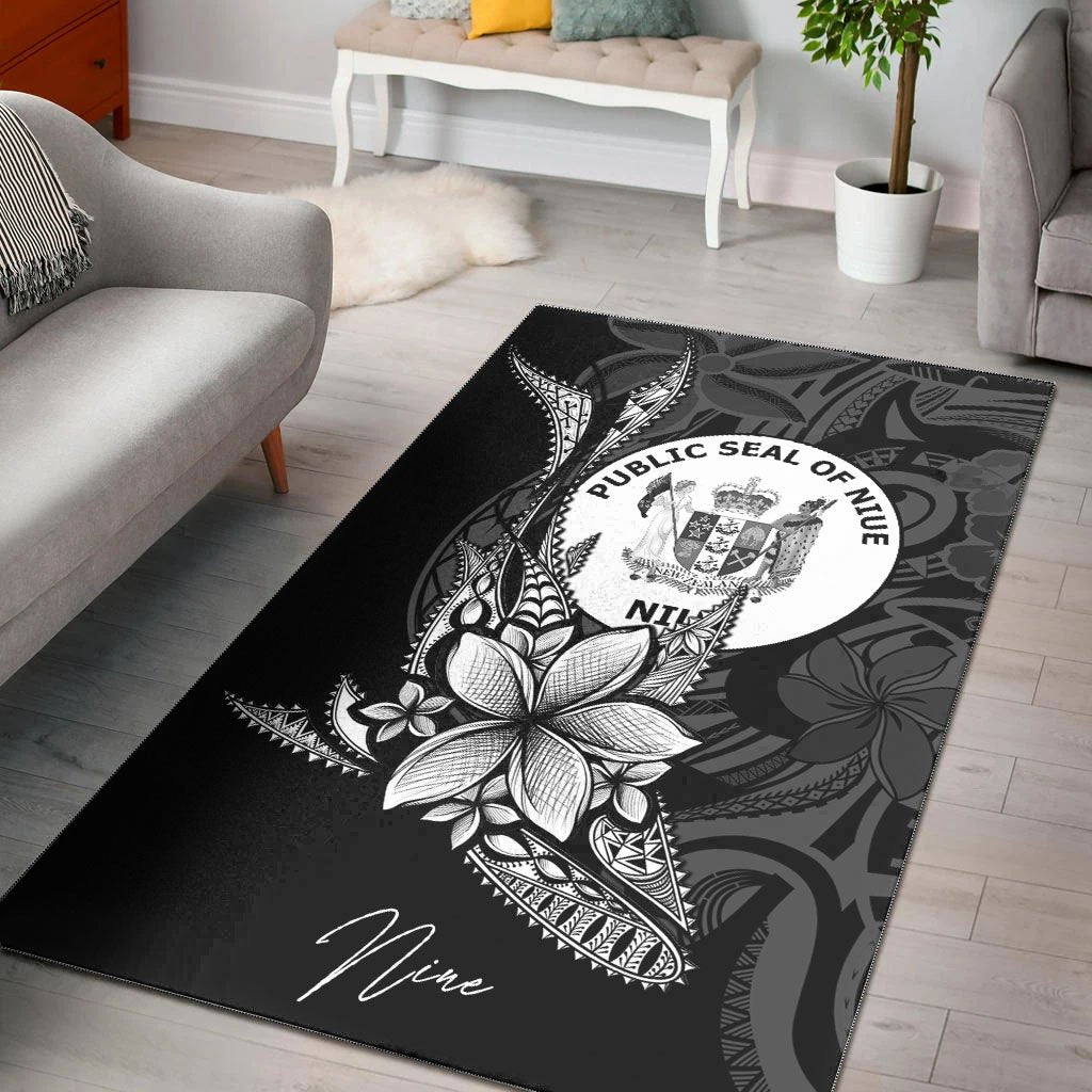 Niue Area Rug - Fish With Plumeria Flowers Style Black - Polynesian Pride