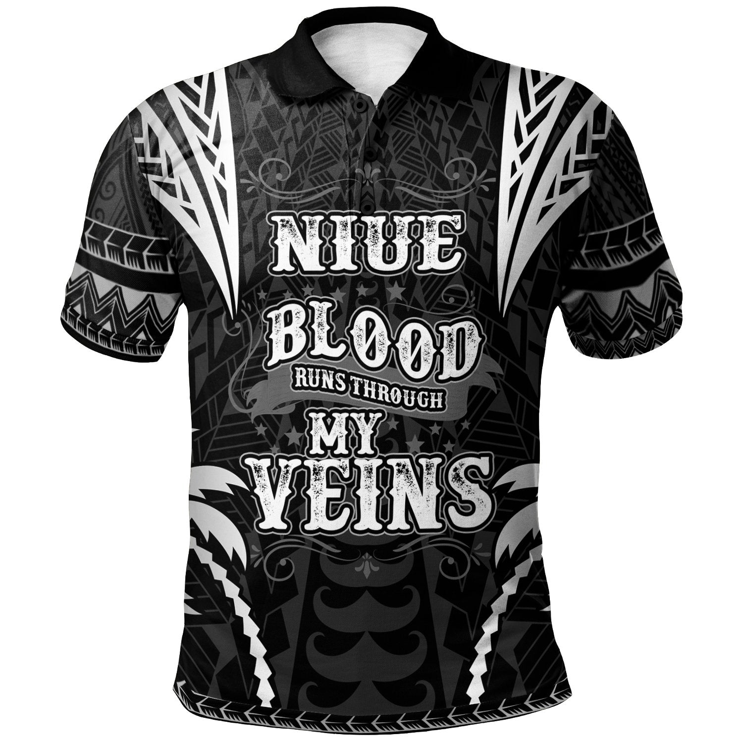 Niue Polo Shirt Blood Runs Through My Veins Style Black Unisex Black - Polynesian Pride