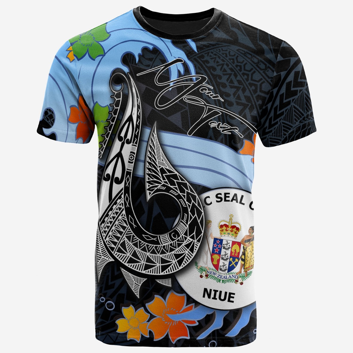 Niue Custom T Shirt Fish Hooks And Wave Unisex Black - Polynesian Pride