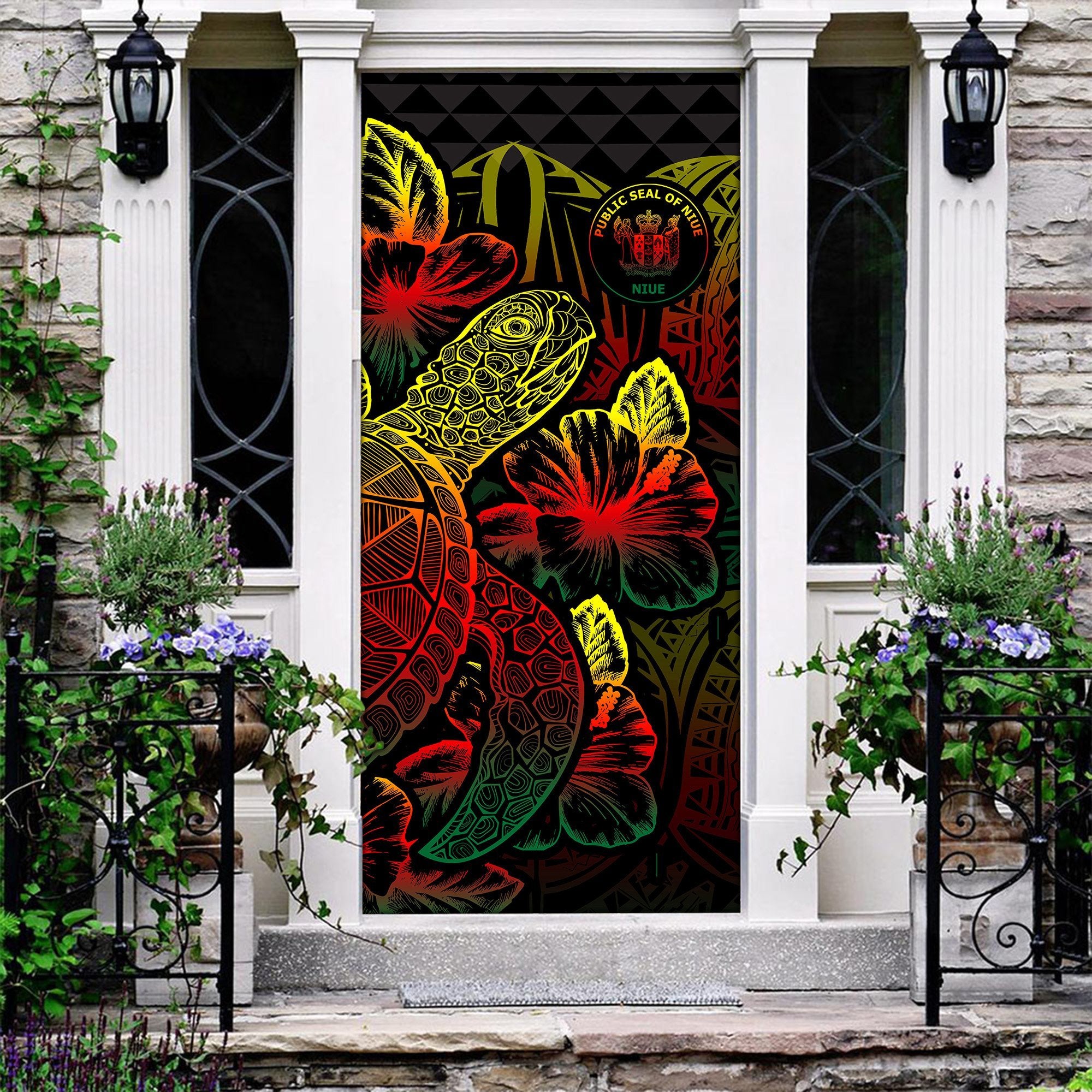 Niue Door Cover Turtle Hibiscus Reggae - Polynesian Pride