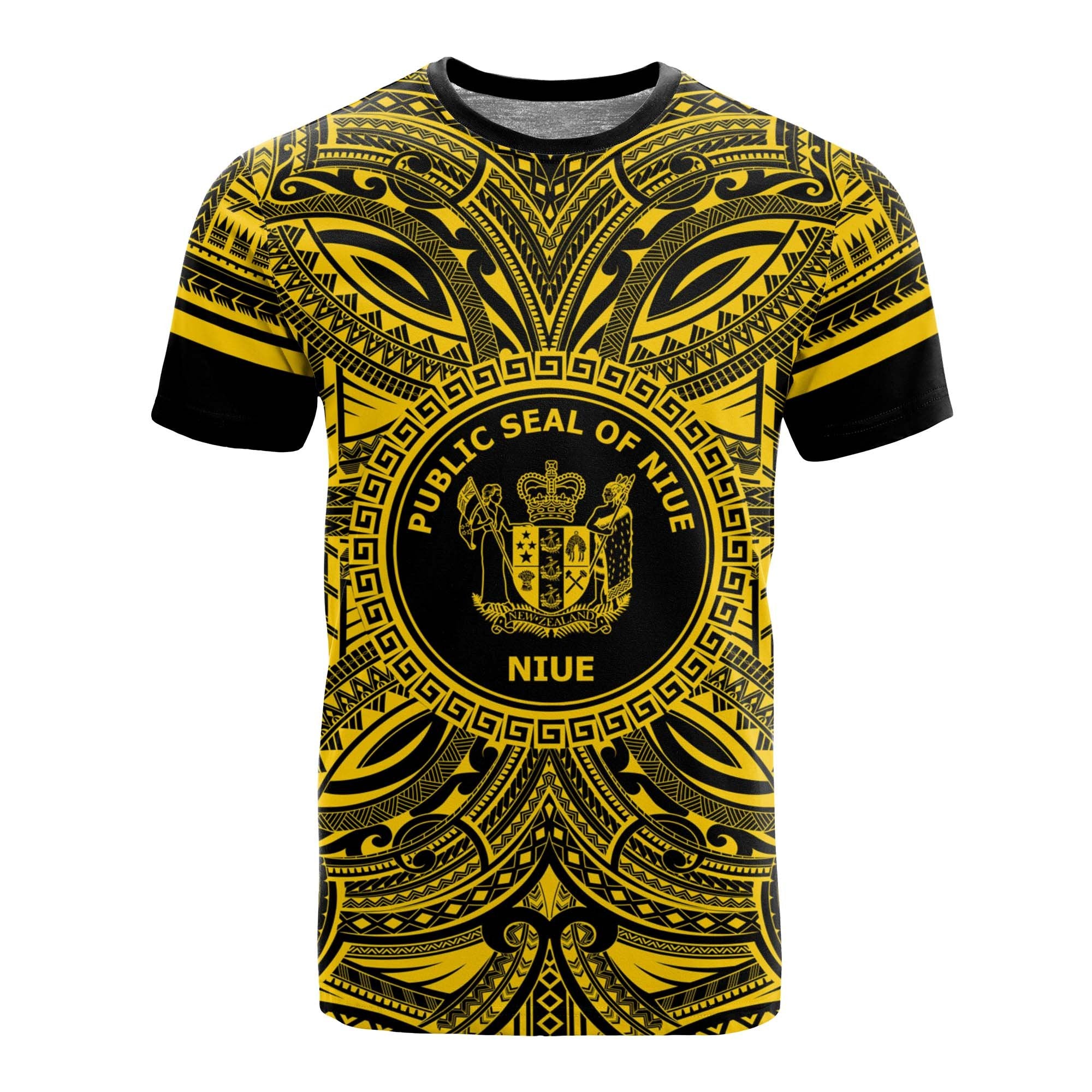 Niue All T Shirt Niue Coat Of Arms Polynesian Gold Black Unisex Gold - Polynesian Pride