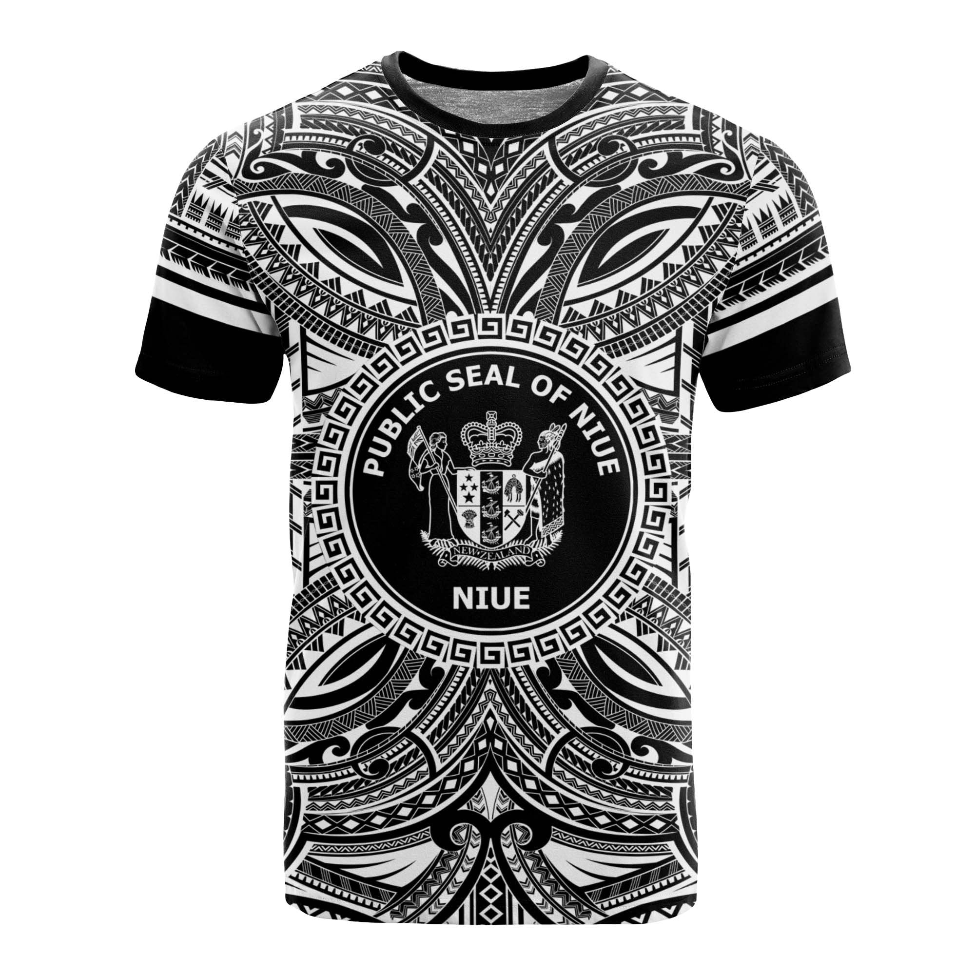 Niue All T Shirt Niue Coat Of Arms Polynesian White Black Unisex Black - Polynesian Pride