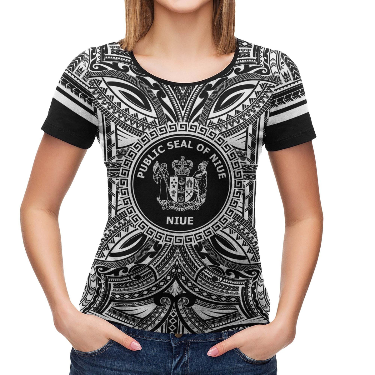 Niue All T Shirt Niue Coat Of Arms Polynesian White Black - Polynesian Pride