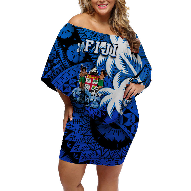 Fiji Coat Of Arms Women Off Shoulder Short Dress Masi Tapa Mixed Palm Tree No2 Blue Version LT9 Women Blue - Polynesian Pride