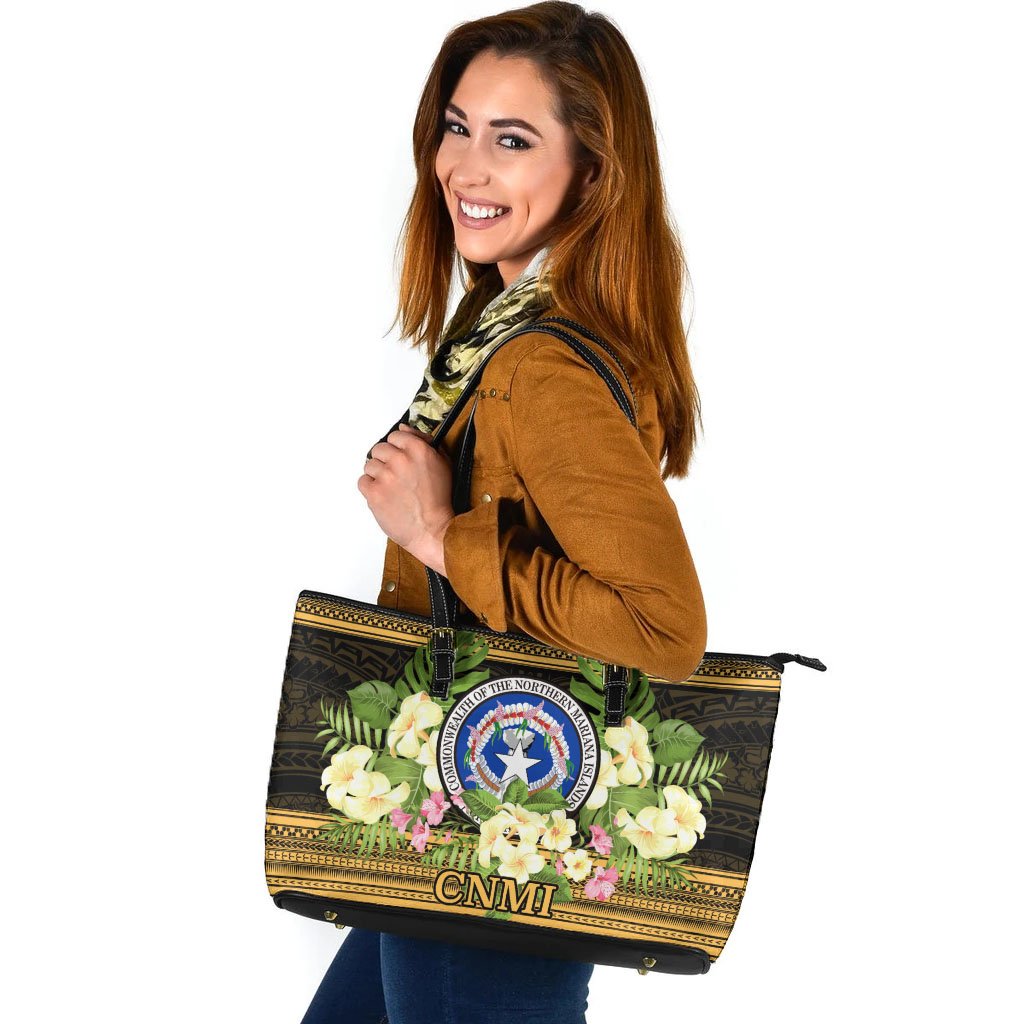 Northern Mariana Islands Leather Tote - Polynesian Gold Patterns Collection Black - Polynesian Pride