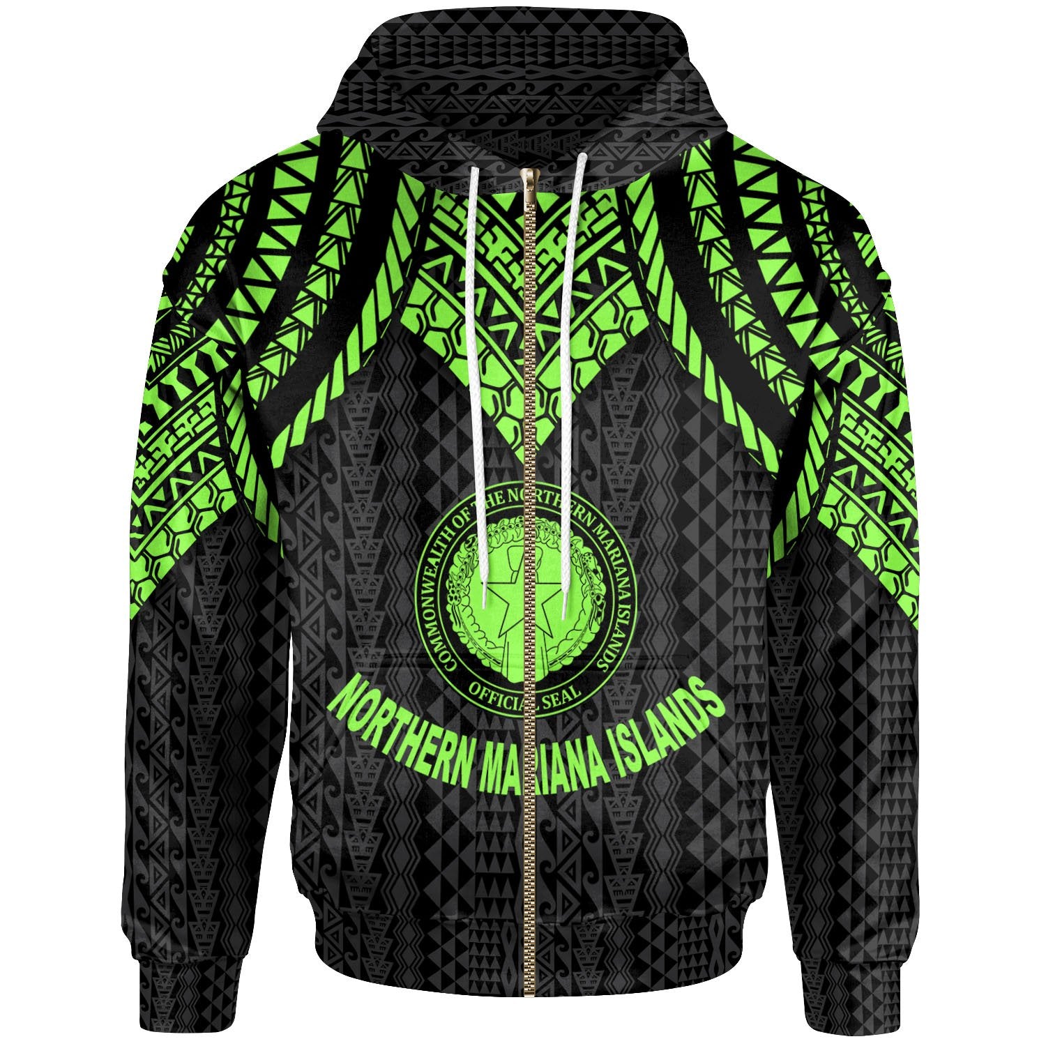 Northern Mariana Islands Zip up Hoodie Polynesian Armor Style Green Unisex Green - Polynesian Pride