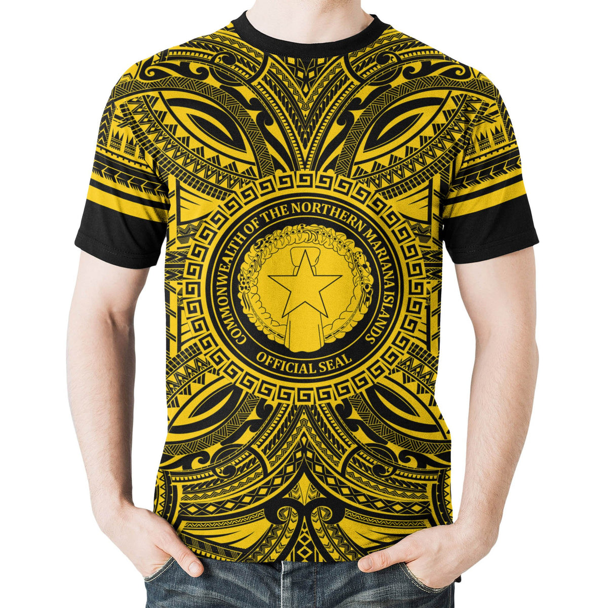 Northern Mariana Islands All T Shirt Northern Mariana Islands Coat Of Arms Polynesian Gold Black - Polynesian Pride