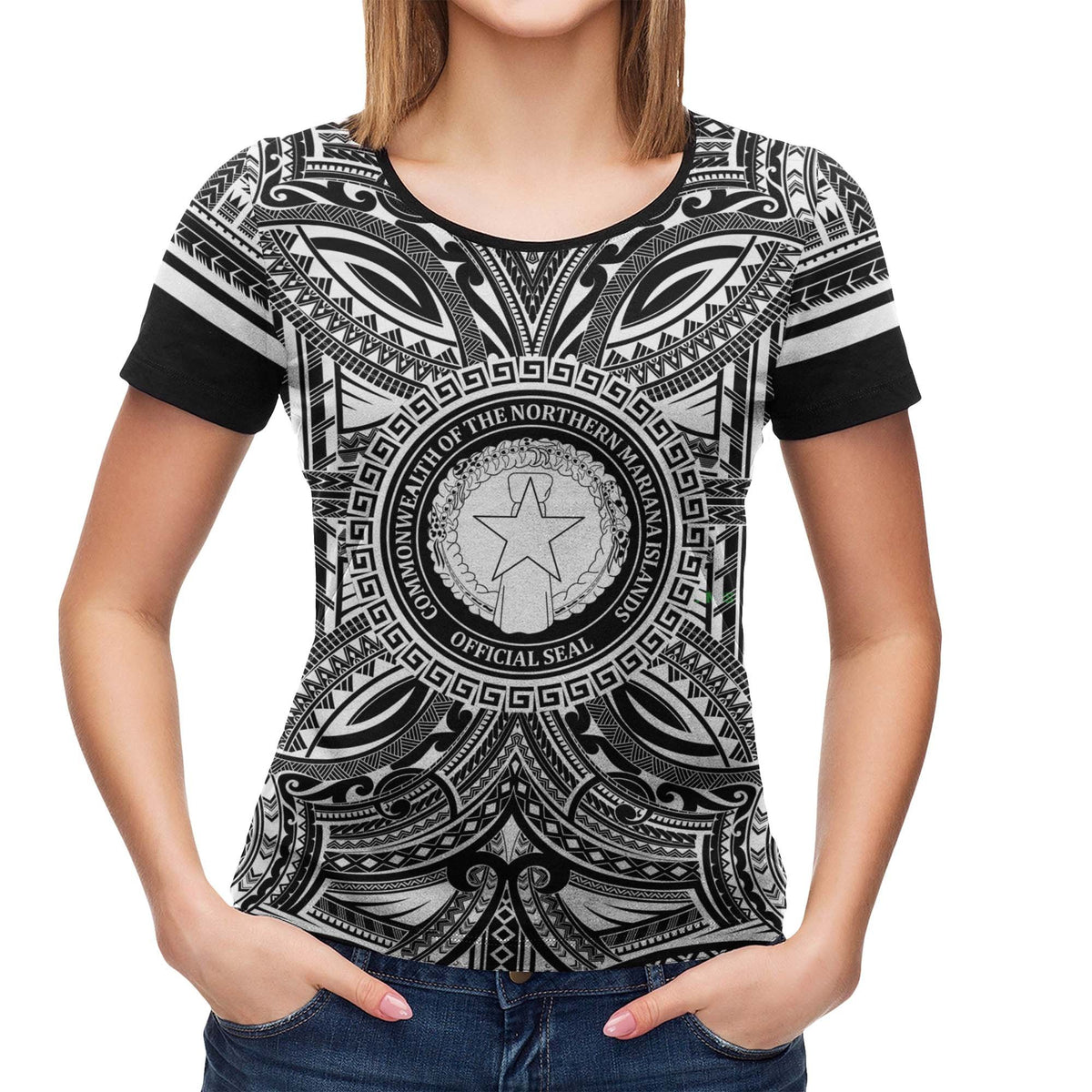 Northern Mariana Islands All T Shirt Northern Mariana Islands Coat Of Arms Polynesian White Black - Polynesian Pride