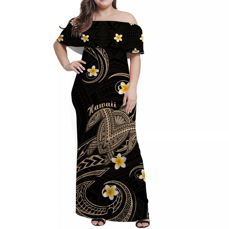 Hawaii Women Off Shoulder Long Dress Hawaiian Turtle Plumeria Mixed Polynesian Nude Style LT9 Women Nude - Polynesian Pride