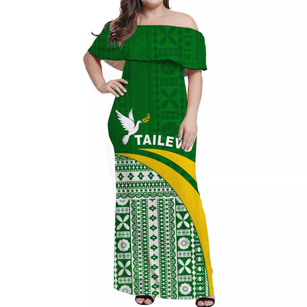 Tailevu Rugby Off Shoulder Long Dress Fiji Rugby Tapa Pattern Green LT13 Women Green - Polynesian Pride