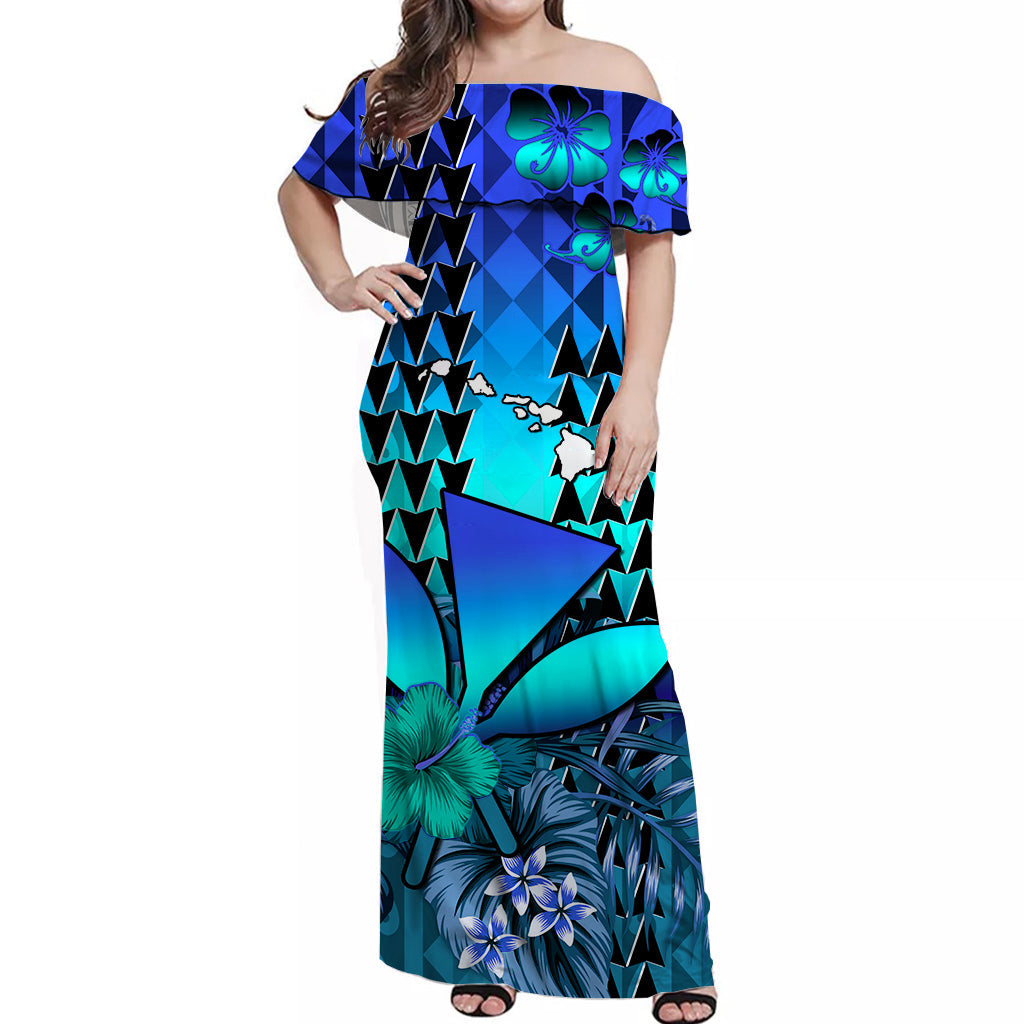 (Custom Personalised) Hawaii Flowers Off Shoulder Long Dress Blue Tribal Pattern Hawaiian LT13 Women Blue - Polynesian Pride