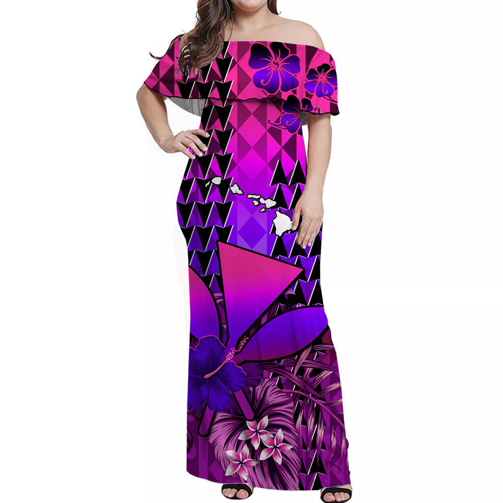 (Custom Personalised) Hawaii Flowers Off Shoulder Long Dress Purple Tribal Pattern Hawaiian LT13 Women Purple - Polynesian Pride