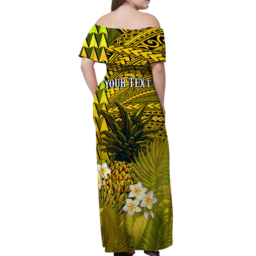 (Custom Personalised) Hawaii Pineapple Off Shoulder Long Dress Yellow Plumeria Frangipani Mix Tribal Pattern LT13 - Polynesian Pride