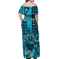 (Custom Personalised) Hawaii Flowers Off Shoulder Long Dress Turquoise Tribal Pattern Hawaiian LT13 - Polynesian Pride