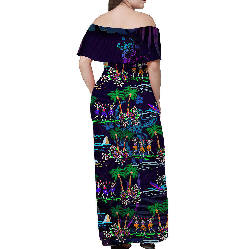 Hawaii Skeleton Dancing Off Shoulder Long Dress Halloween Hawaiian Turtle LT13 - Polynesian Pride