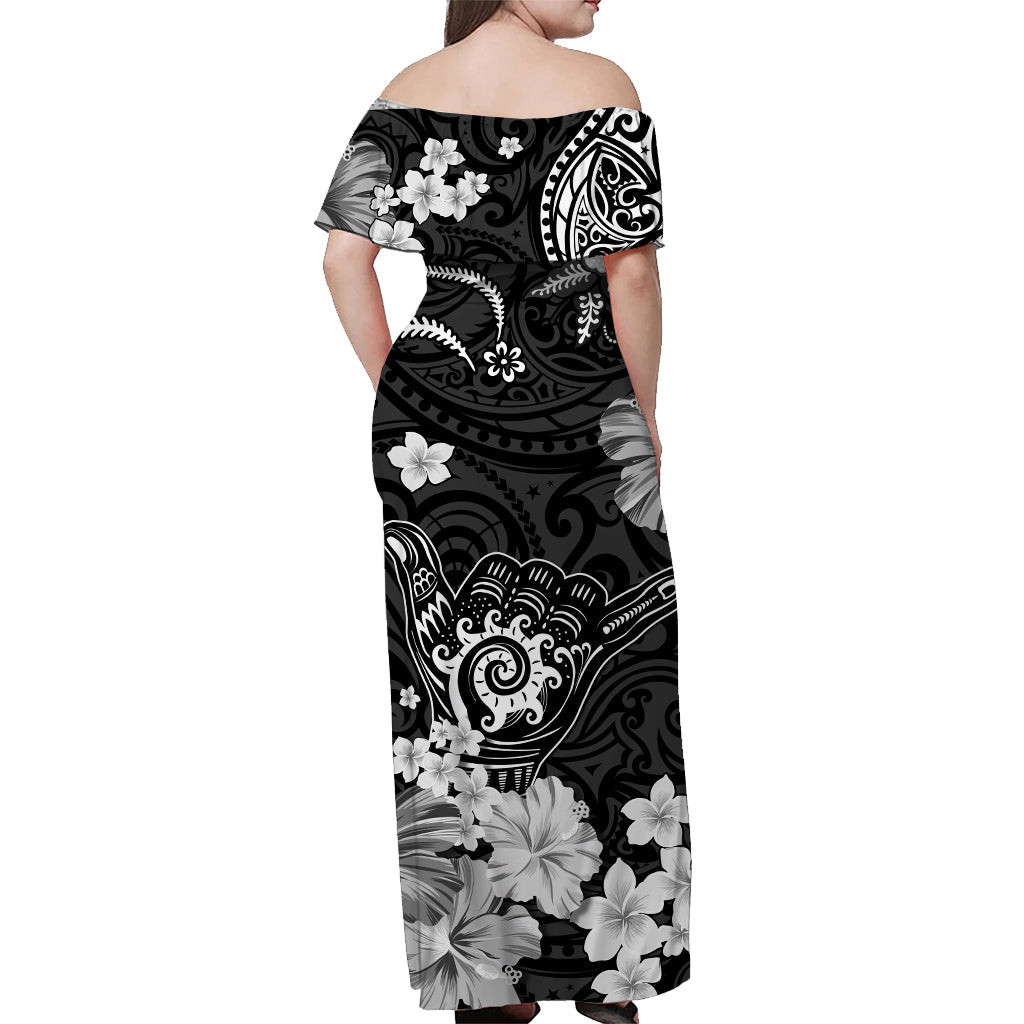 Hawaii Off Shoulder Long Dress Polynesia Black Cool Shaka Sign LT13 - Polynesian Pride