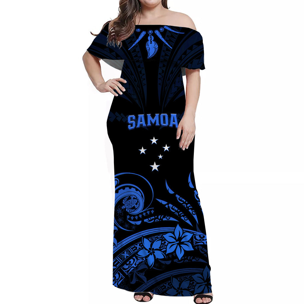 (Custom Personalised) Samoa Tatau Off Shoulder Long Dress Blue Polynesian Ula Nifo LT13 Women Blue - Polynesian Pride