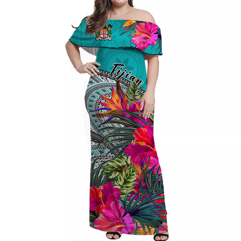 (Custom Personalised) Fiji Tapa Off Shoulder Long Dress Green Fijian Masi Be Loved Hibiscus LT13 Women Green - Polynesian Pride