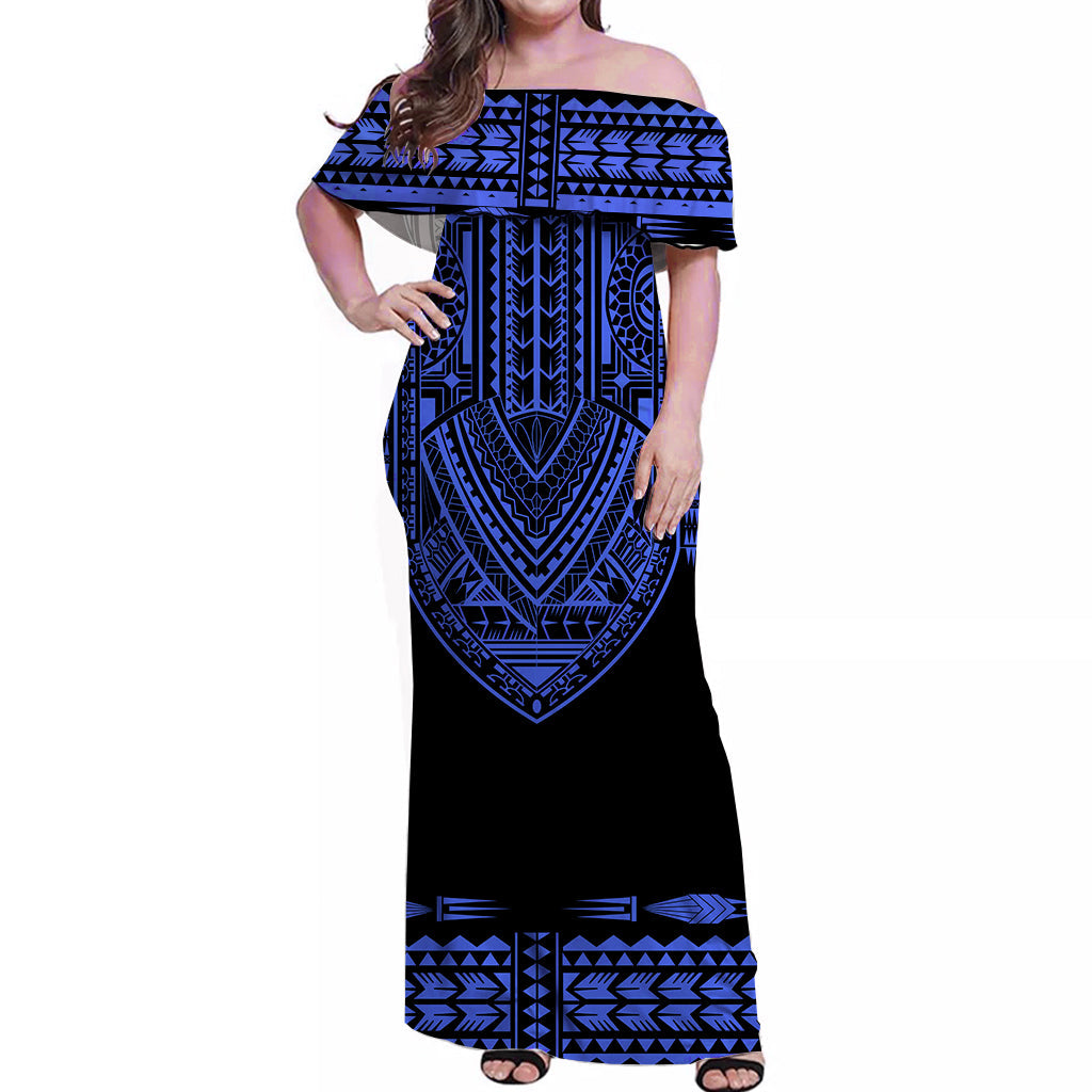 (Custom Personalised) Polynesian Off Shoulder Long Dress Dashiki With Polynesian Tattoo Royal Blue Version LT14 Women Blue - Polynesian Pride