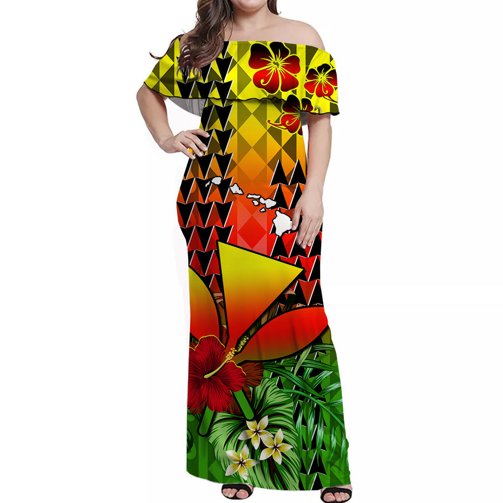 (Custom Personalised) Hawaii Flowers Off Shoulder Long Dress Color Tribal Pattern Hawaiian LT13 Women Reggae - Polynesian Pride