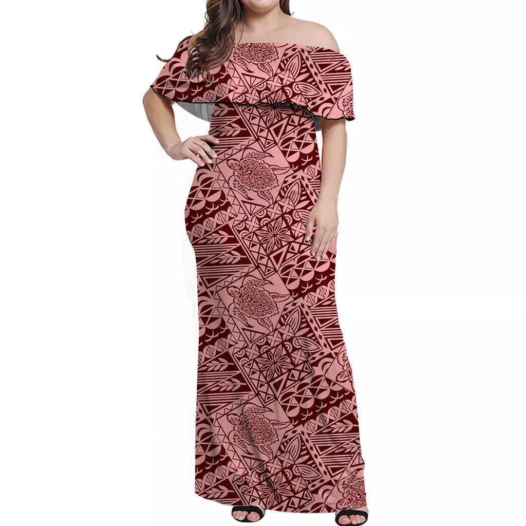 Hawaii Off Shoulder Long Dress Turtle Mix Polynesian Ver.01 LT13 Women Flamingo - Polynesian Pride