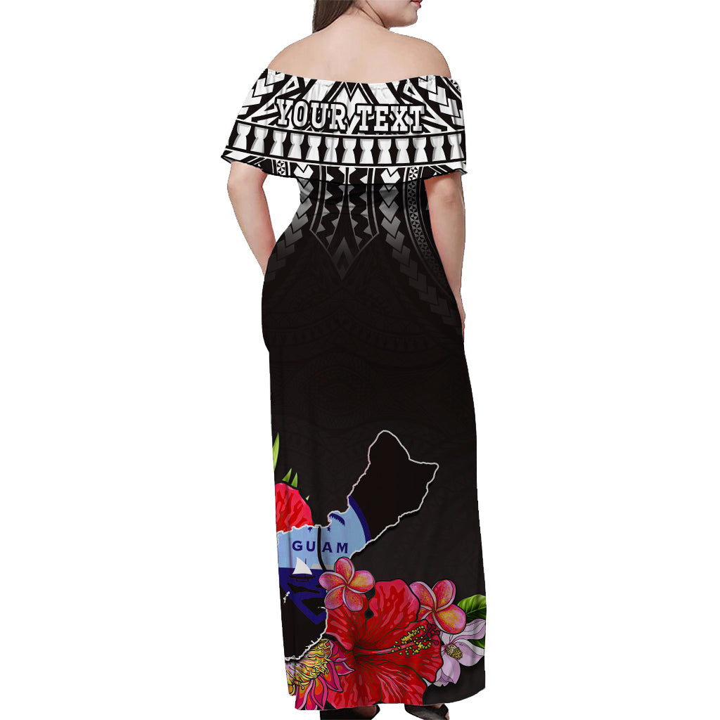 (Custom Personalised) Guam Chamorro Off Shoulder Long Dress Guaman Latte Stone Tropical Flowers Black Version LT14 - Polynesian Pride