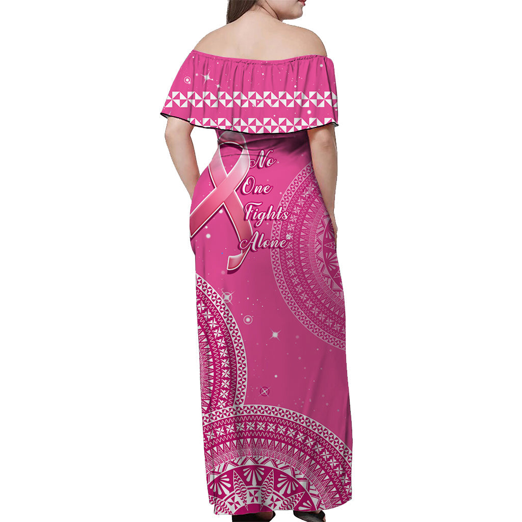 Tonga Breast Cancer Off Shoulder Long Dress Tongan Ngatu Pattern No One Fights Alone LT14 - Polynesian Pride