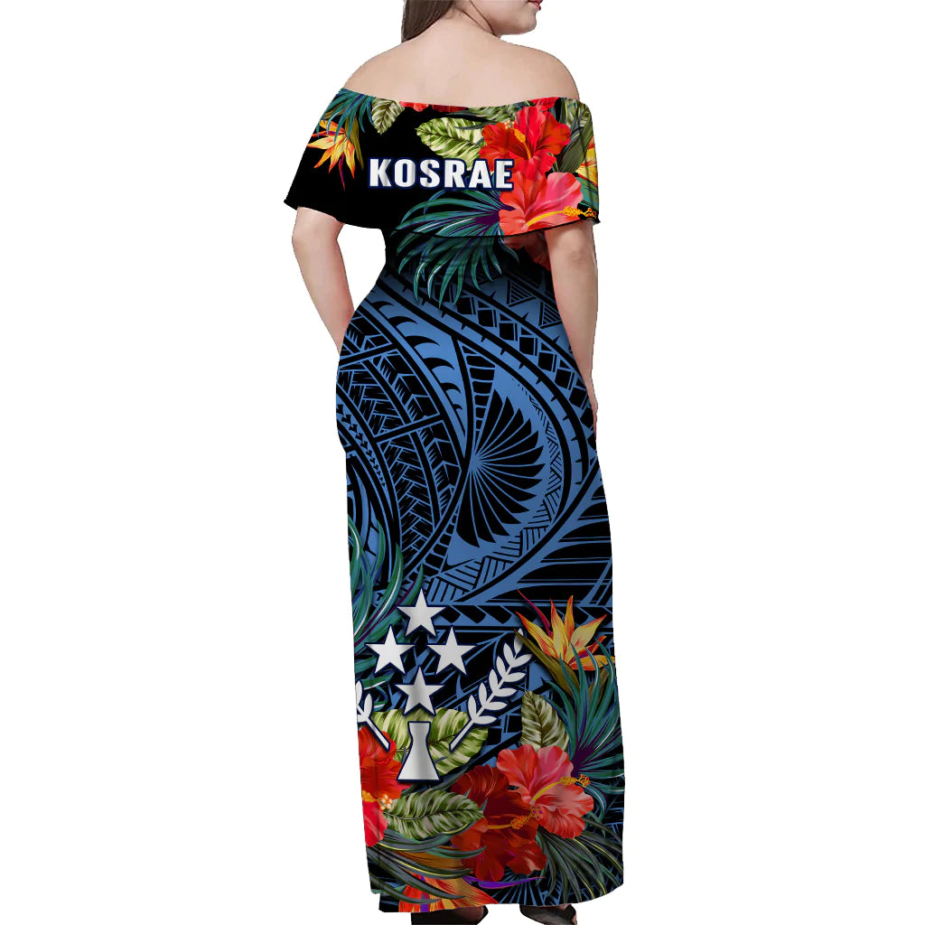 Kosrae State Off Shoulder Long Dress FSM Hibiscus Flowers Mix Polynesian LT14 - Polynesian Pride