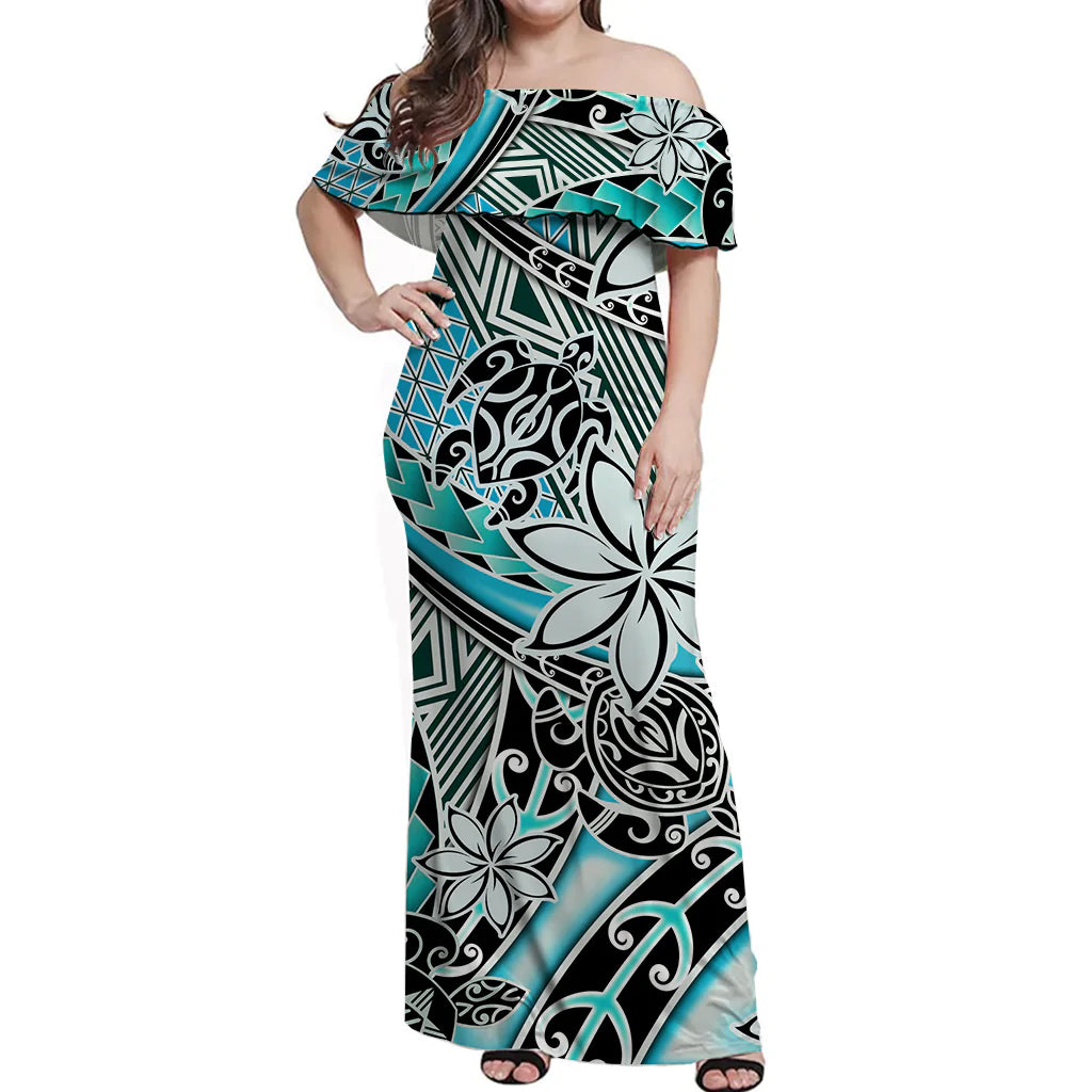 (Custom Personalised) Hawaii Off Shoulder Long Dress Tribal Plumeria With Polynesian Turtle Ver.04 LT14 Women Turquoise - Polynesian Pride